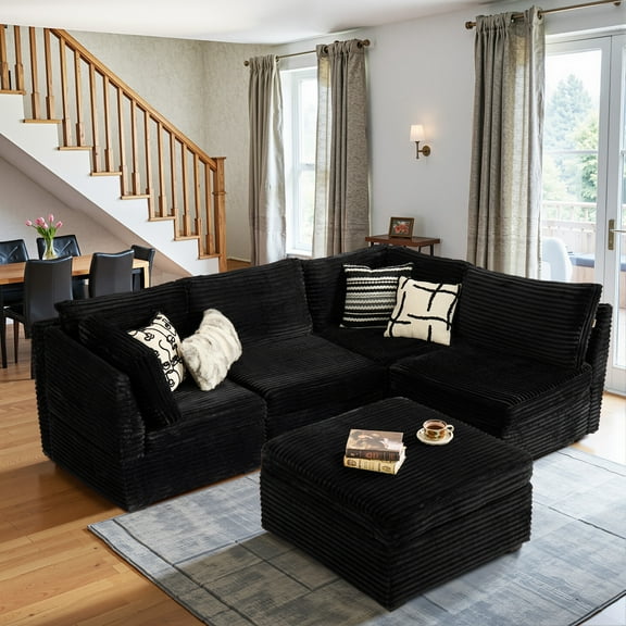 Toject 130" Modular Sectional Sofa Couch, Convertible U Shaped Minimalist Couches with Ottomans, Cloud Plush Corduroy 5 Seater Deep Couch Set for Living Room, Bedroom(Black)