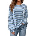 thumbnail image 2 of Womens Oversized Striped Long Sleeve Shirts Fall Tops 2026 Basic Tees Crewneck Fitness Clothing,Y2k Streetwear,Workout Gym Athletic,Plus Size Fashion,Winter Outfits,Cute Sweatshirts Sky Blue S, 2 of 5