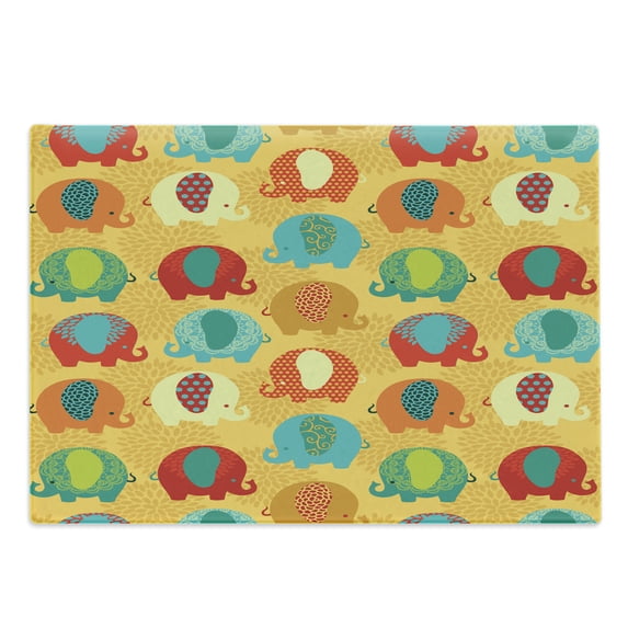 Jungle Cutting Board, Elephants Ornate Details Cartoon Jungle Mammal Thailand Zoo Animal, Decorative Tempered Glass Cutting and Serving Board, in 3 Sizes, by Ambesonne