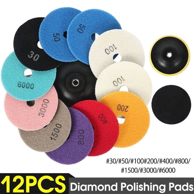 Vensio -12Pcs 4-Inch Diamond Polishing Pads Kit for Wet and Dry Buffing, Professional Grinder Sanding Discs for Granite Marble Concrete and Stone, Multi-Grit Set