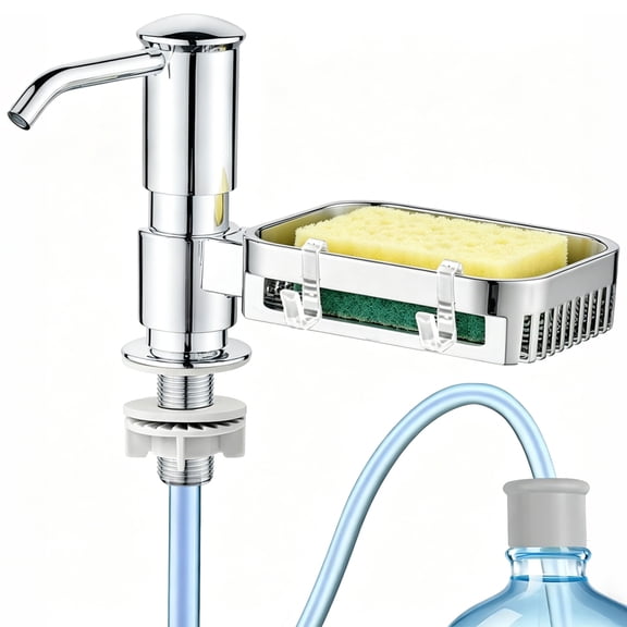Aovky Soap Dispenser for Kitchen Sink, Built in Sink Soap Dispenser with Sponge Holder, Brushed Nickel ABS Countertop Sink Soap Dispenser Pump with 39.3'' Extension Tube kit for Kitchen Bathroom