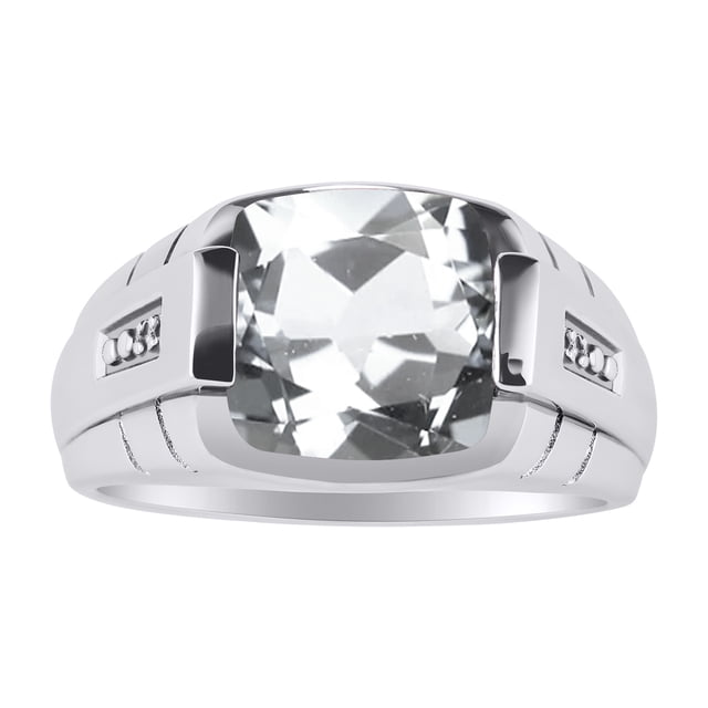 RYLOS Cushion Shape Checker Top 12MM White Topaz Color Stone & Diamonds Set in 14K White Gold Size 9