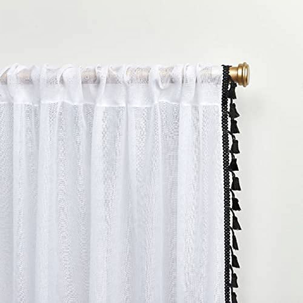 Exclusive Home Tassels Embellished Sheer Rod Pocket Curtain Panel Pair, 54"x84", Black