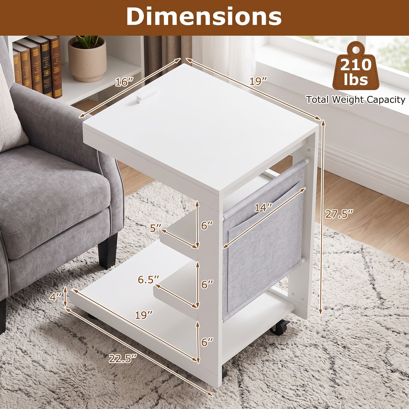 Furnibear C Shaped End Table with Wheels and Adjustable Desktop, Mobile Sofa Side Table with Hidden Compartment and 3 Storage Shelves for Bedside Couch Living, White