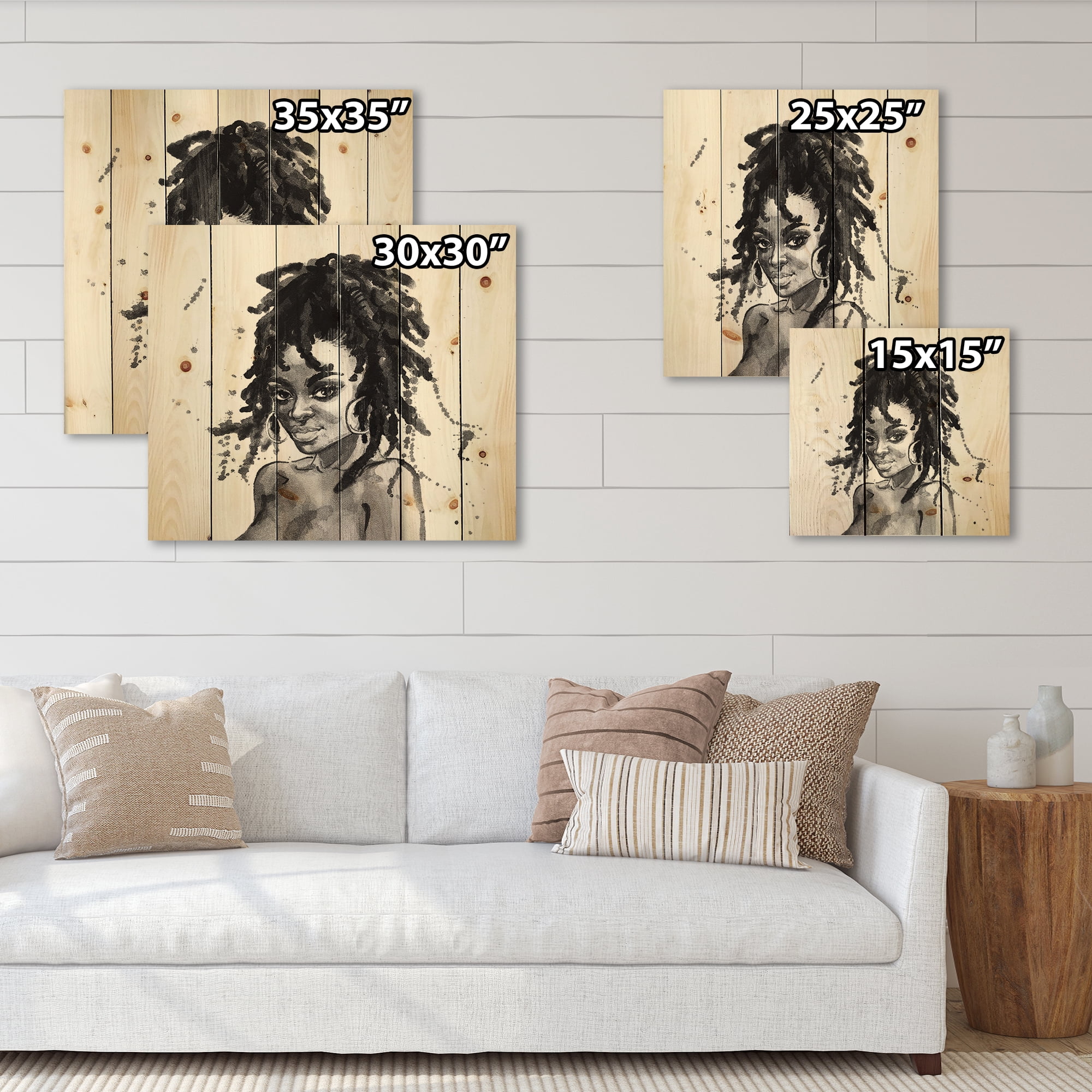 Designart 'Black and White Portrait of African American Woman II' Modern Print on Natural Pine Wood