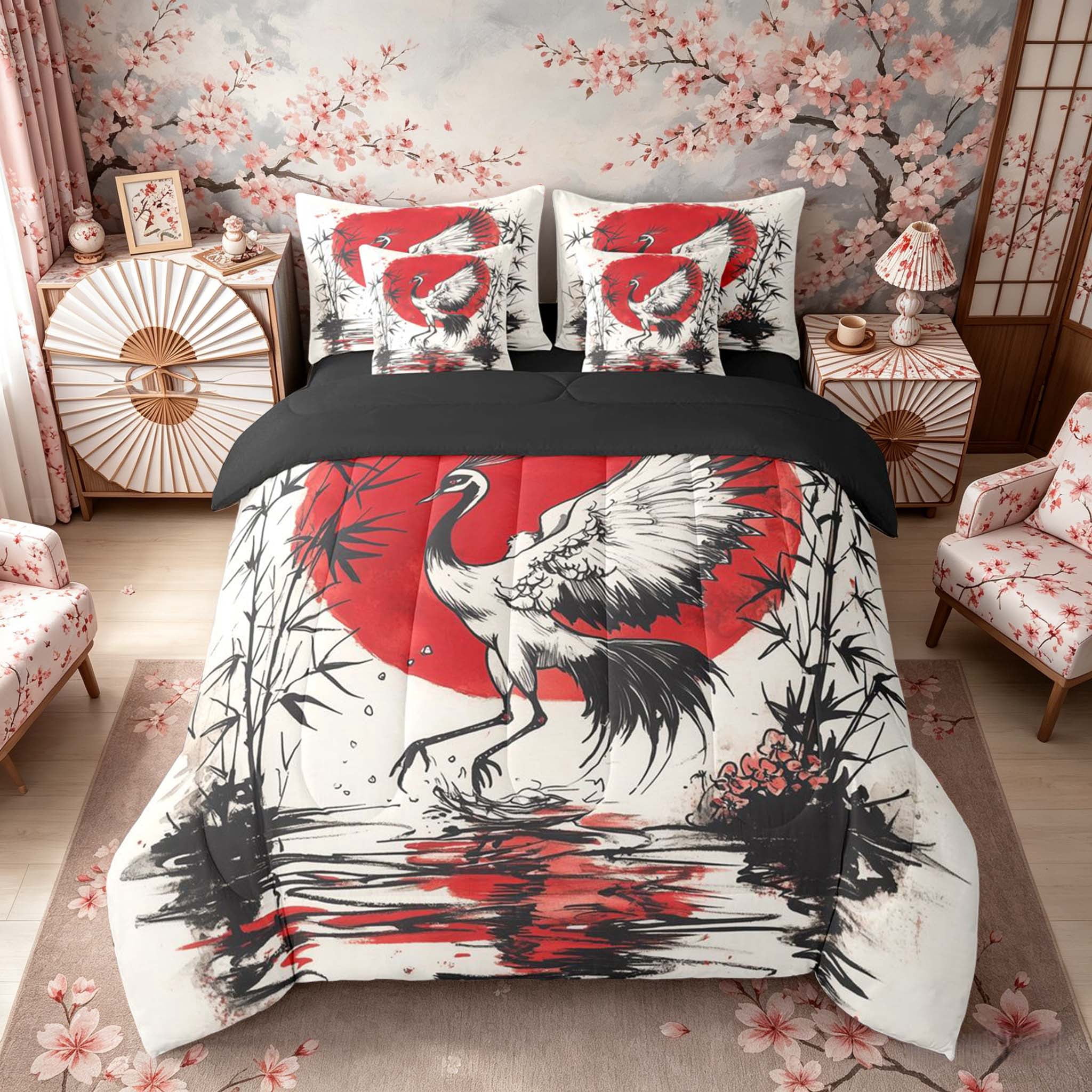 Manfei Ink Red Sun Crane Twin Bedding Sets for Girls, Bamboo Water Bedding Comforter Set, Black Red White, Black Reversible7-Piece