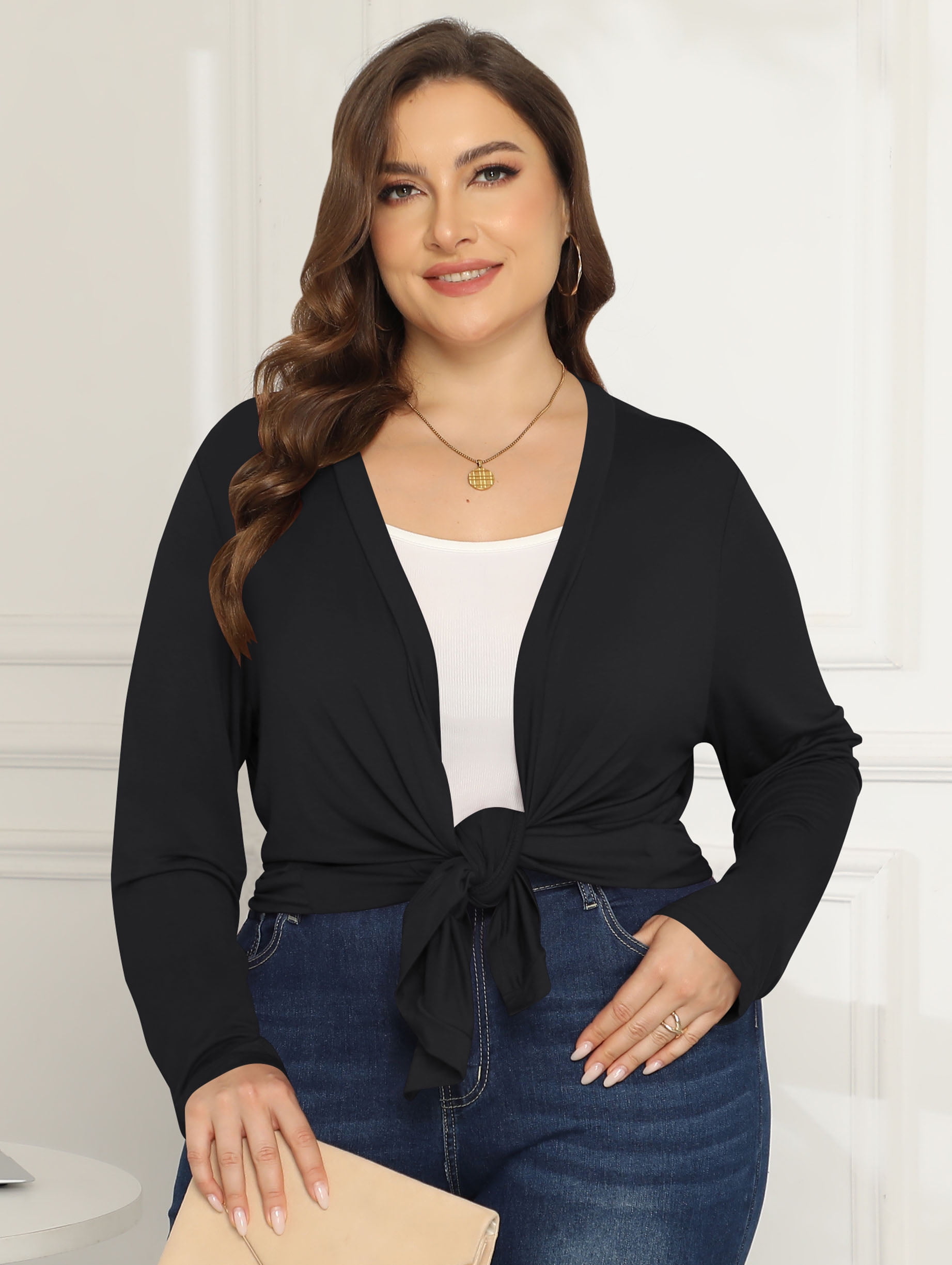 Women's Plus Size Open Front Casual Long Sleeve Lightweight Drape Cardigans Soft with Pockets - image 4