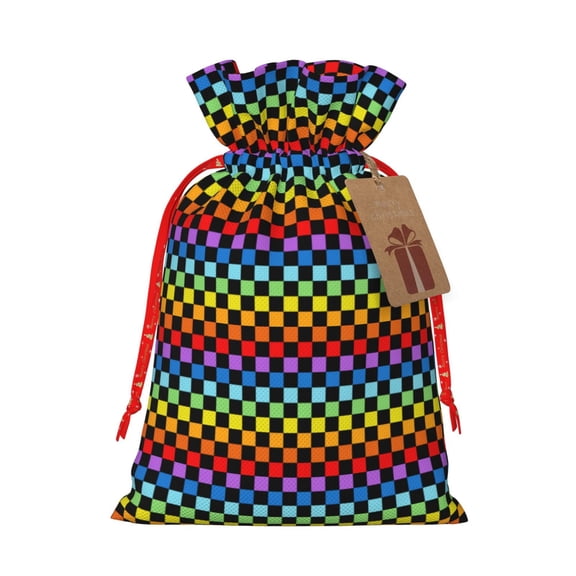 Naloa Rainbow Chequerboard Drawstring Christmas Bags, 3D Xmas Gift Bags, Christmas Wrapping Bags, Xmas Goodie Bags, Treat Pouch Bags, Party Favor Bags-Small