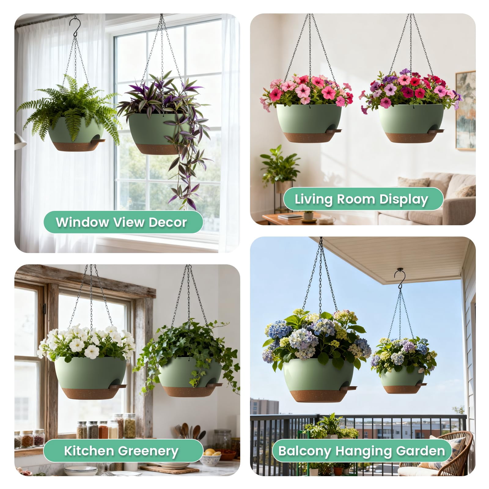13 Inch 2 Pack Large Self Watering Hanging Planters For Indoor Outdoor Plants  Plant Pots With Removable 50 Oz Reservoir Plastic Basket Window Porch Garden Green Brown