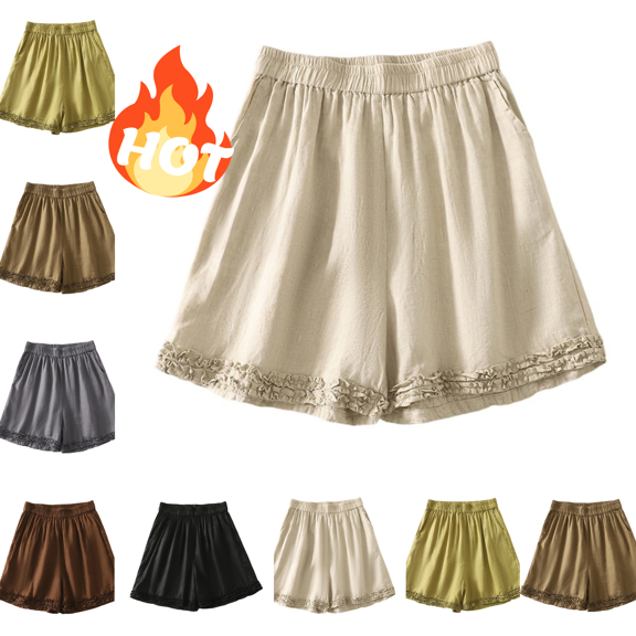 Mifsaly Summer Shorts for Women 2026 Ruffle Hem Elastic High Waisted Linen Shorts with Pockets Lightweight Comfortable Daily Wear Casual Clothes Beige,M