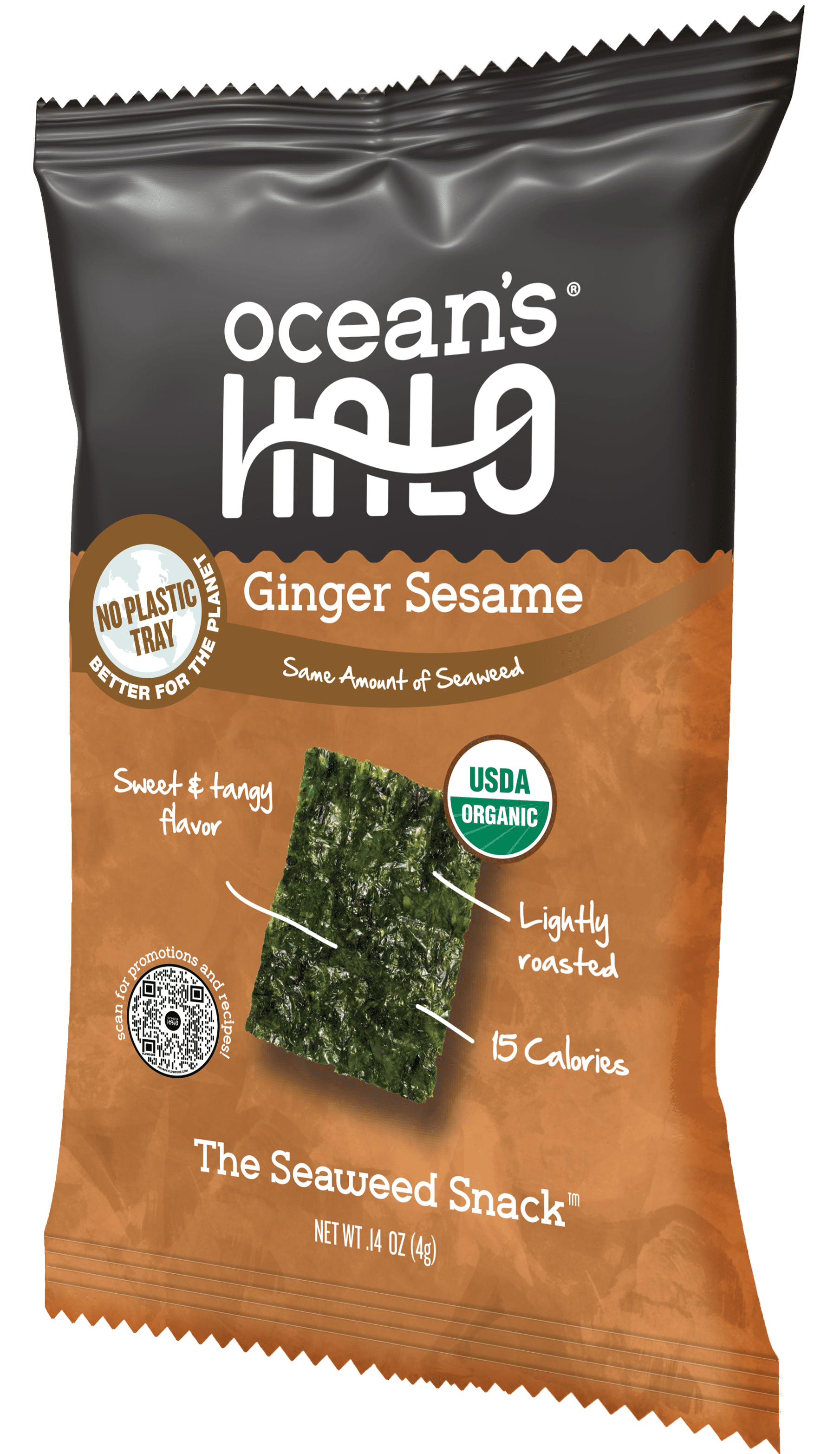 (5 pack) Ocean's Halo, Organic Trayless Seaweed Snack, Ginger Sesame, Vegan, Crispy Shelf-Stable Nori, 0.14 oz