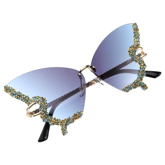 OUNONA Butterfly Rhinestone Sunglasses for Women, Frameless Dark Grey PC Lens, Enhanced Clarity Festival Eyewear, 1 Piece