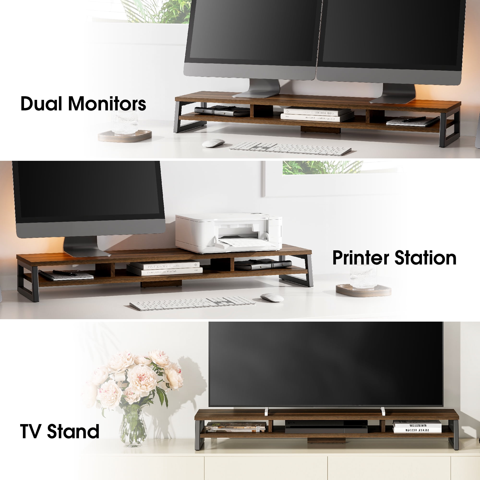 Fenge 42.5" Large Dual Monitor Stand, 2-Tier Desk Riser with Storage for Computers and Printers