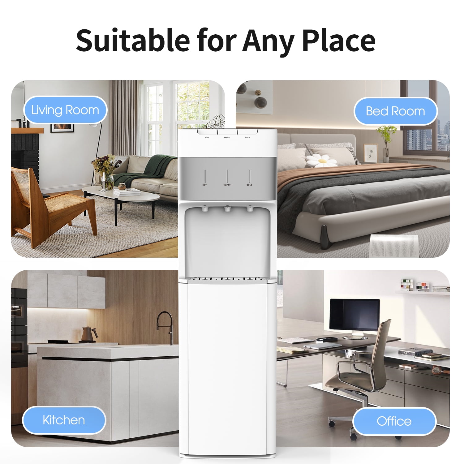 SOOPYK Bottom Loading Water Cooler Dispenser for 5 Gallon Bottle - 3 Temperatures (Hot/Cold/Room) with Child Safety Lock, Stainless Steel Tank, White & Silver, for Home & Office