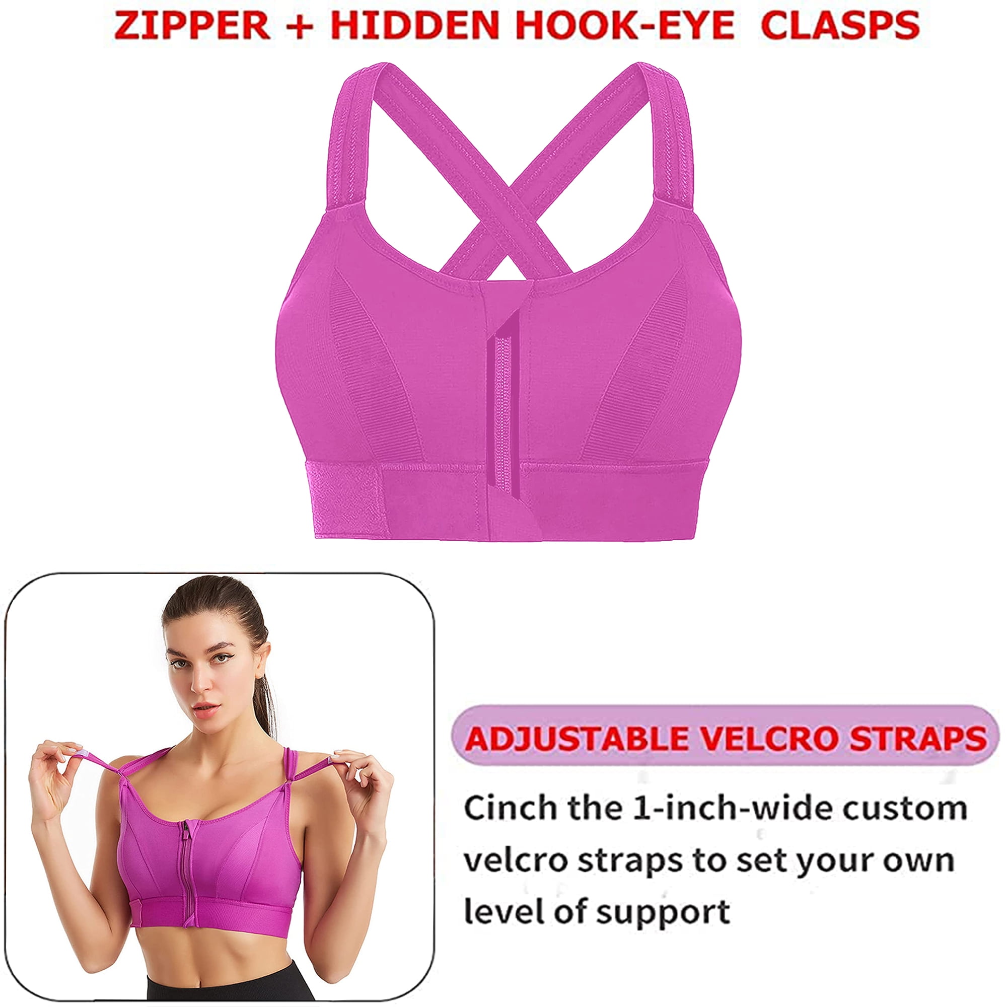 Elbourn 1Pack Women's Sports Bra Front Zipper Closure Sports Bra High  Impact Support Racerback Workout Yoga Sports Bras （Pink-5XL） 
