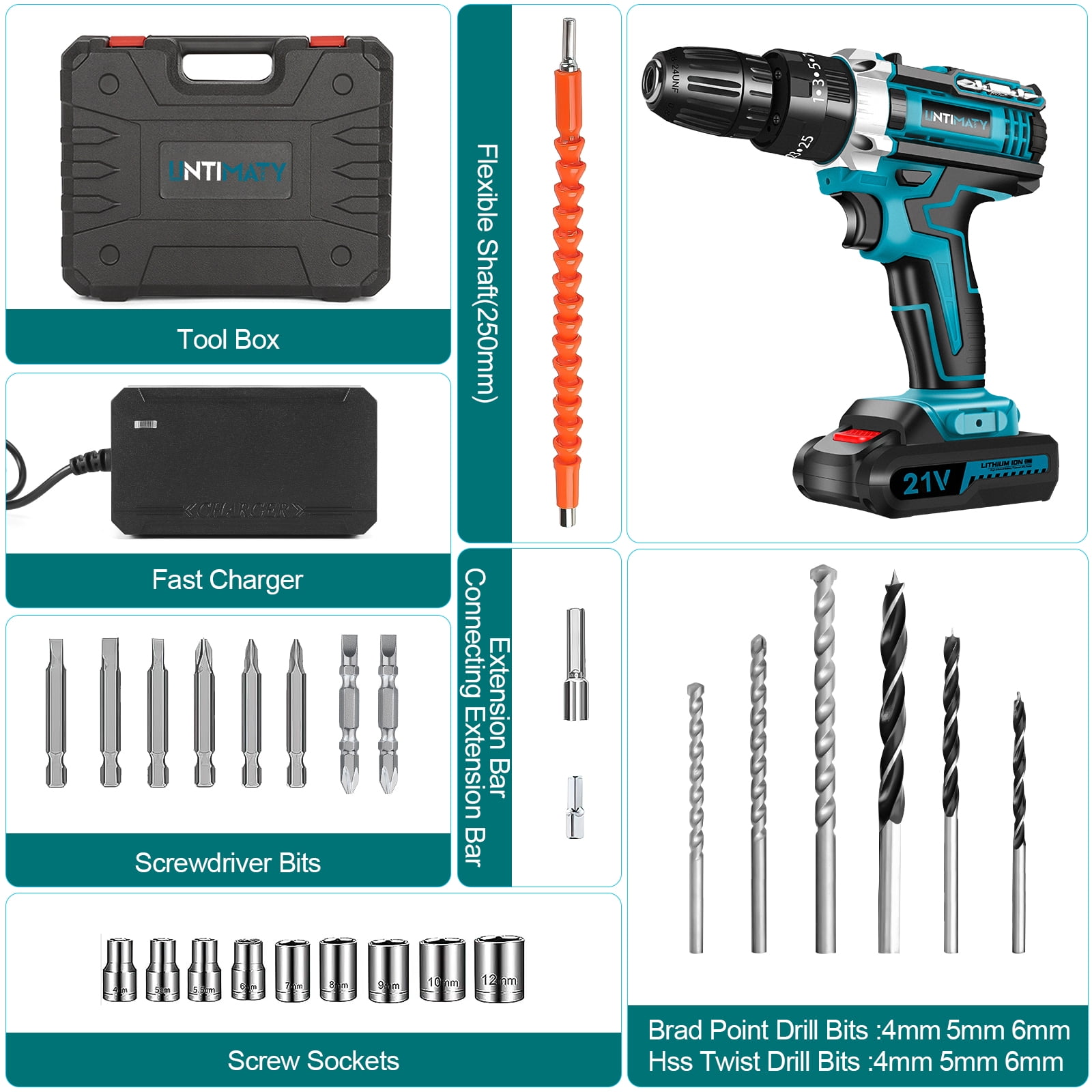 21V Cordless Drill Set, UNTIMATY Power Drill Set with Battery and Charger, Electric Drill Home Improvement, 3/8'' Keyless Chuck, 25+3 Torque Setting, Drill Bits, LED&Variable Speed