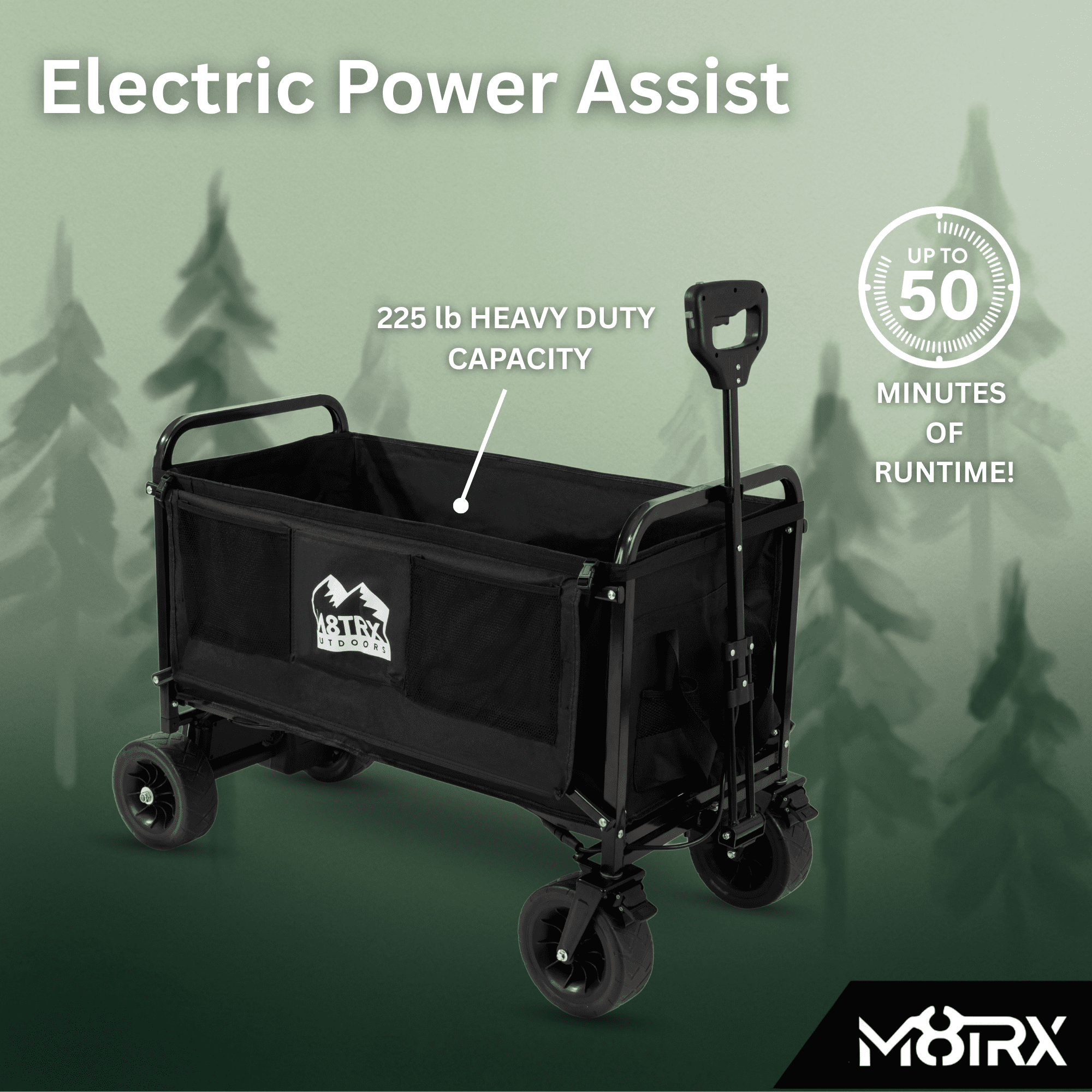 M8TRX SPORTS EA100 Electric Power Assist Wagon, 225 lb Heavy Duty Foldable Utility Cart with 24V Battery Motor Drive, Variable Speed Trigger, USB Charging, Camping Beach Garden Wagon