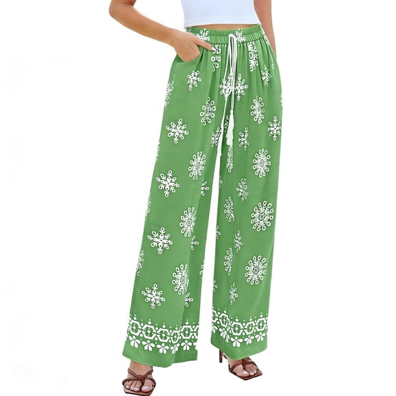 Cutuoiiu Women's Bohemian Print Wide Leg Pants Drawstring Elastic Waist with Pockets Flowy Casual Trousers for Beach Resort Gifts