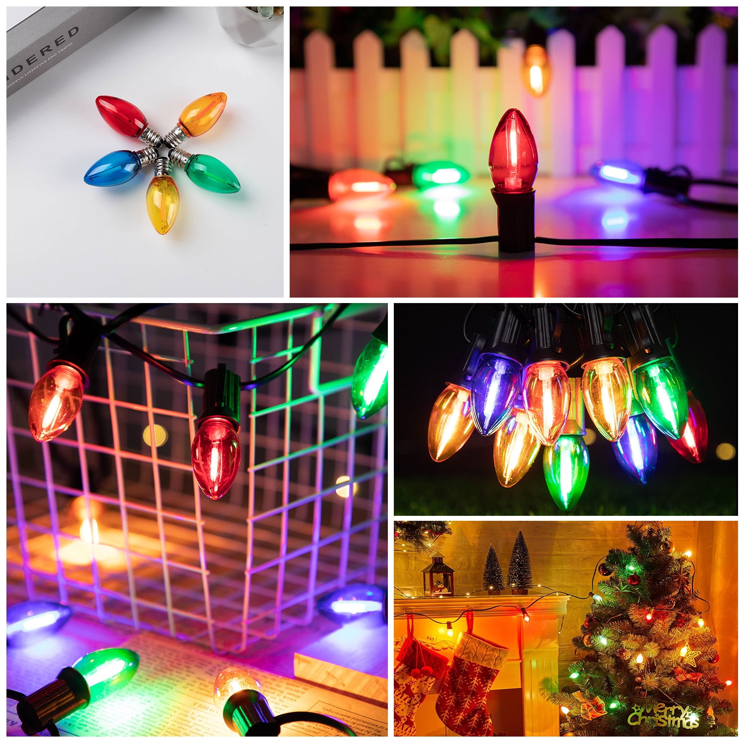 65FT C7 LED Colorful Bulbs Outdoor String Lights with 48+2 Shatterproof Bulbs, Multi-Color Light Bulbs for Christmas Wedding Patio Garden Decoration