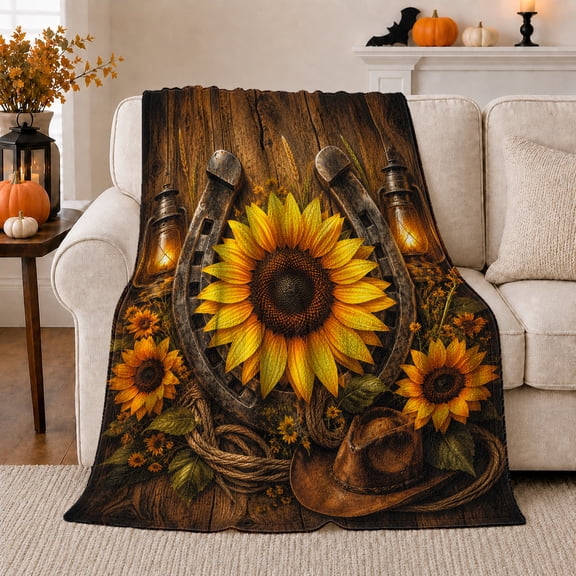 Sunflower Cowboy Hat Rustic Wood Plank Design, Rustic Botanical Portrait, Warm Flannel Blanket for Ranch House and Living Room, Animal Lovers Birthday Gift, Rustic Home Decor