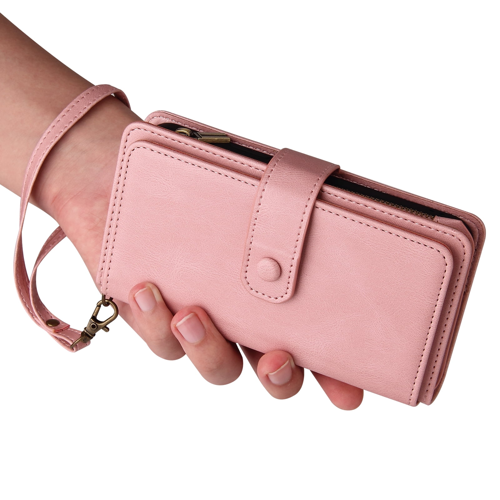 Phone Case for iPhone 17, Wallet Case Luxury Folio Flip Leather Cover [Zipper Pocket] [Wrist Strap] [Kickstand] for iPhone 17, Pink
