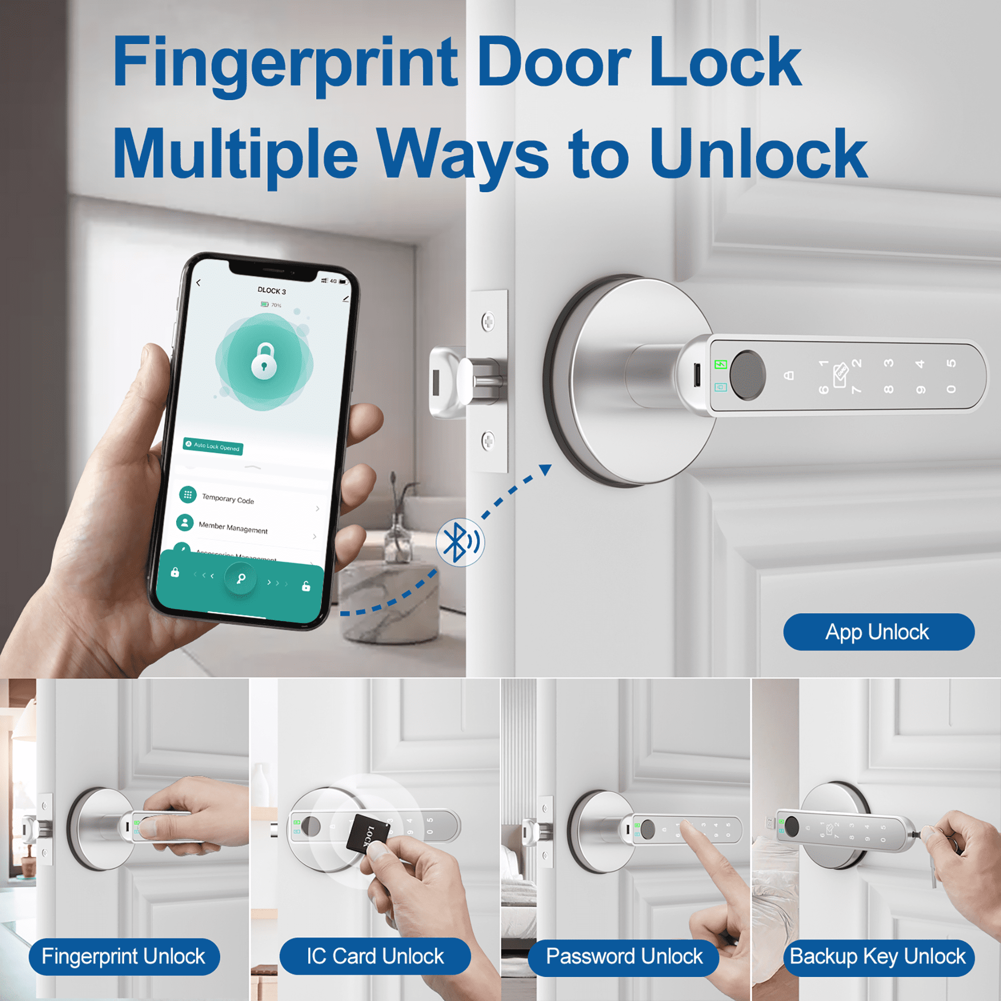 Foxgard Fingerprint Door Lock, Smart Door Knob with APP Control, 100 Fingerprints Biometric Door Lock with Tuya App, Silver
