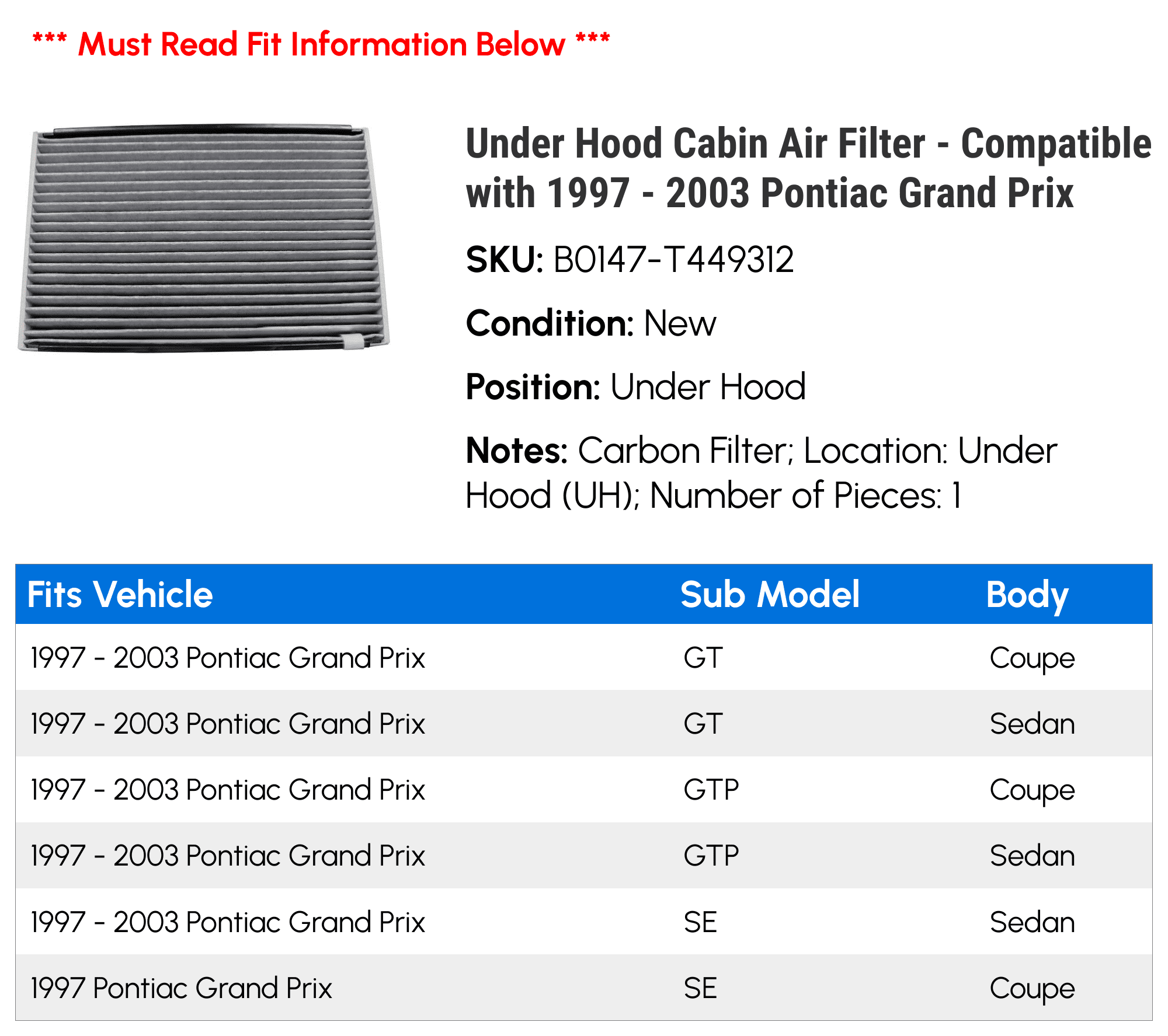 Under Hood Cabin Air Filter - Compatible with 1997 - 2003 Pontiac Grand Prix 1998 1999 2000 2001 2002