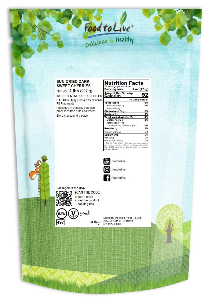 Sun-Dried Dark Sweet Cherries, 2 Pounds - Raw, Vegan - by Food to Live