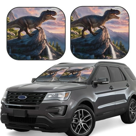 Hirioo Sunset Cliff Dinosaur for 2PCS Windshield Sun Shade Foldable | Front Windshield Shade for Sun Heat and UV Rays-Large