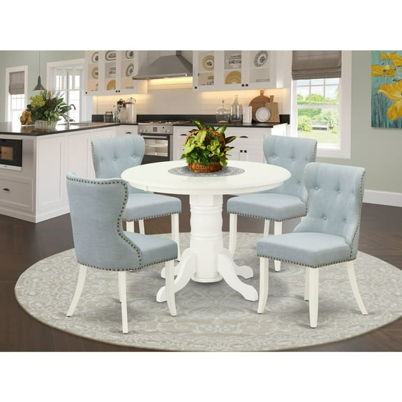 HomeStock Lakeside Living Furniture Shsi5-Whi-15 - A Dining Room Table Set Of 4 Amazing Parson Chairs With Linen Fabric Baby Blue Color And A Gorgeous Wood Table With Linen White Color