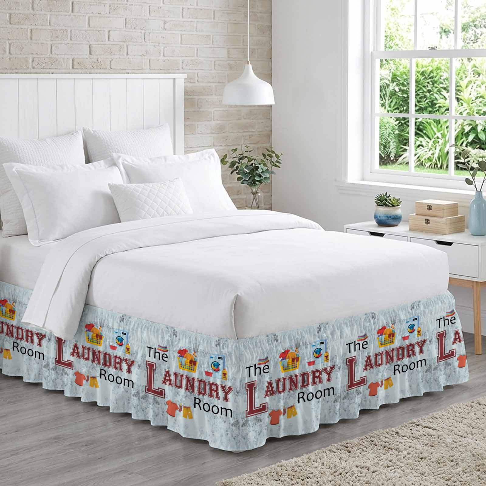 Laundry Room Bed Skirt Queen Size, Blue Cartoon Washing Machine Clothes Wrap Around Bed Skirting with Adjustable Elastic Strap, Dust Ruffle Pleated Bedskirts 16 Inch Drop for Bedroom Queen Beds