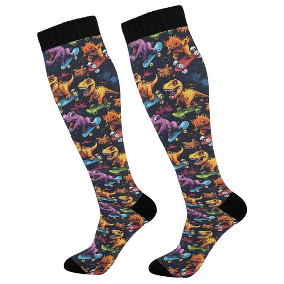 joogoo Cool Dinosaur Skateboards Compression Socks Women Men Knee High Sock