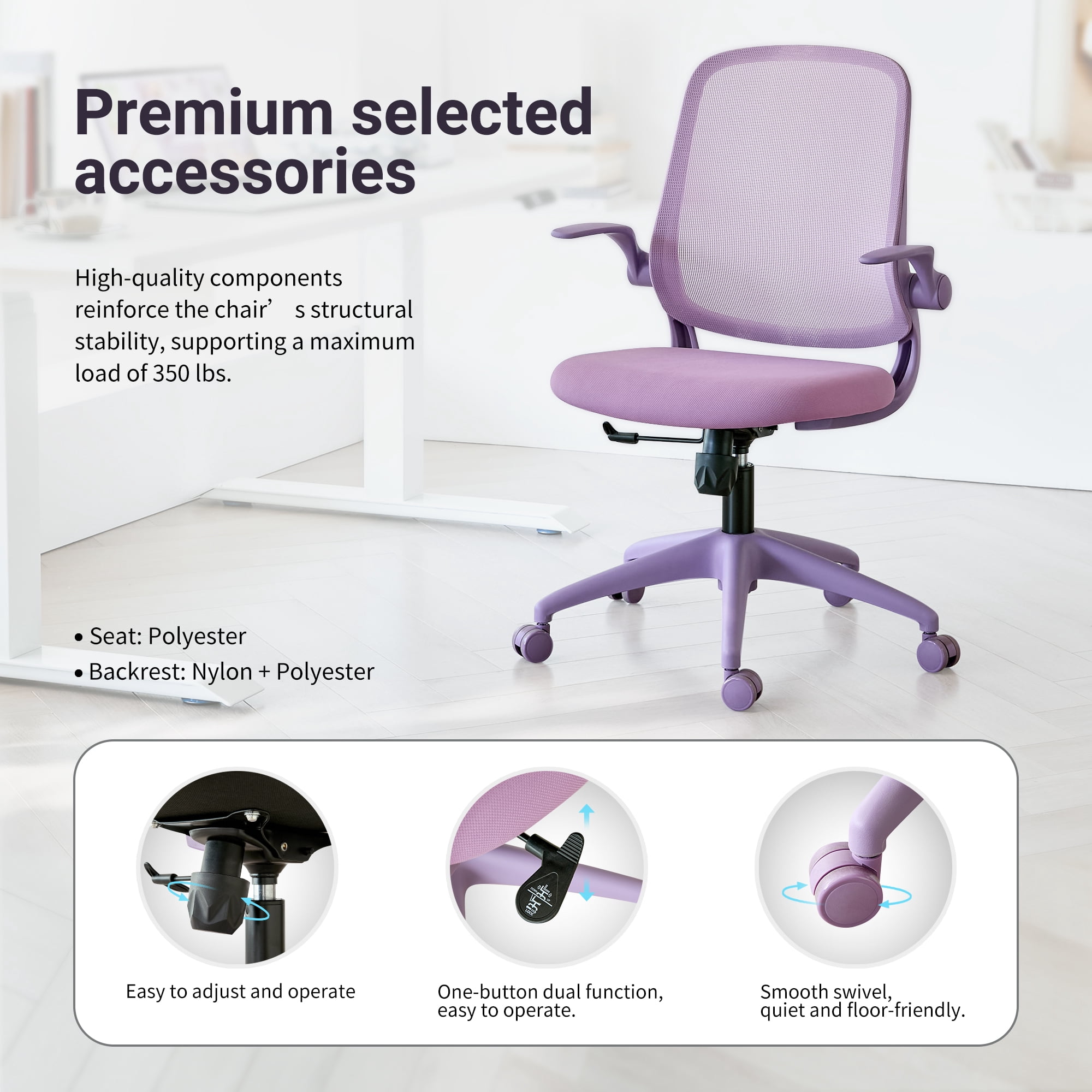 HOQBN Ergonomic Office Chair with Flip-Up Armrests, Breathable Mesh Back, Integrated Molded Foam Seat, 350lb Capacity,Purple