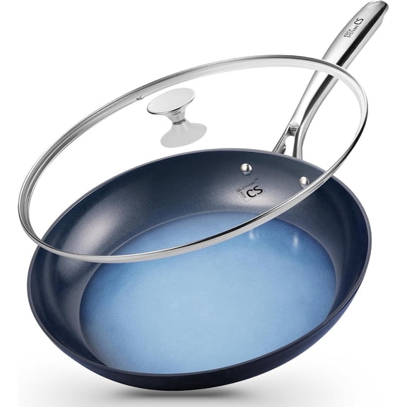 Koch Systeme CS 14 inch Nonstick Frying Pan with Lid, Skillet with Ceramic Coating, Suitable for All Stoves, Gradient Blue