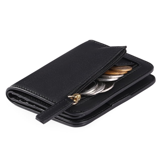 Cartera de bolsillo de cuero genuino de lujo plegable pequeña y compacta con bloqueo Rfid para mujer Mini monedero para mujer con ventana de identificación, negro
