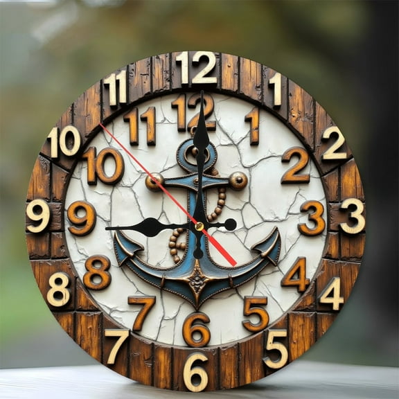 Vintage Anchor Wall Clock for Nautical Decor 10-Inch Silent Wooden Wall Clock, Battery Operated (AA Batteries Not Included), Artistic Home Decor