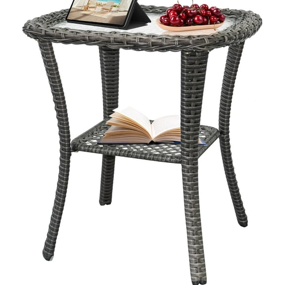 Outdoor Wicker Side Table,Double Rectangular Wicker Patio Table with Storage,All Weather Resin Rattan Patio Glass Coffee Desk for Garden,Backyard,Pool Indoor Companion