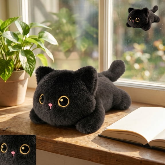 Black Cat Weighted Stuffed Animal, Ultra Soft Fluffy Cat Plush Pillow, Cute Cuddly Plush Toy for Home Decor, Gift for Kids and Adults