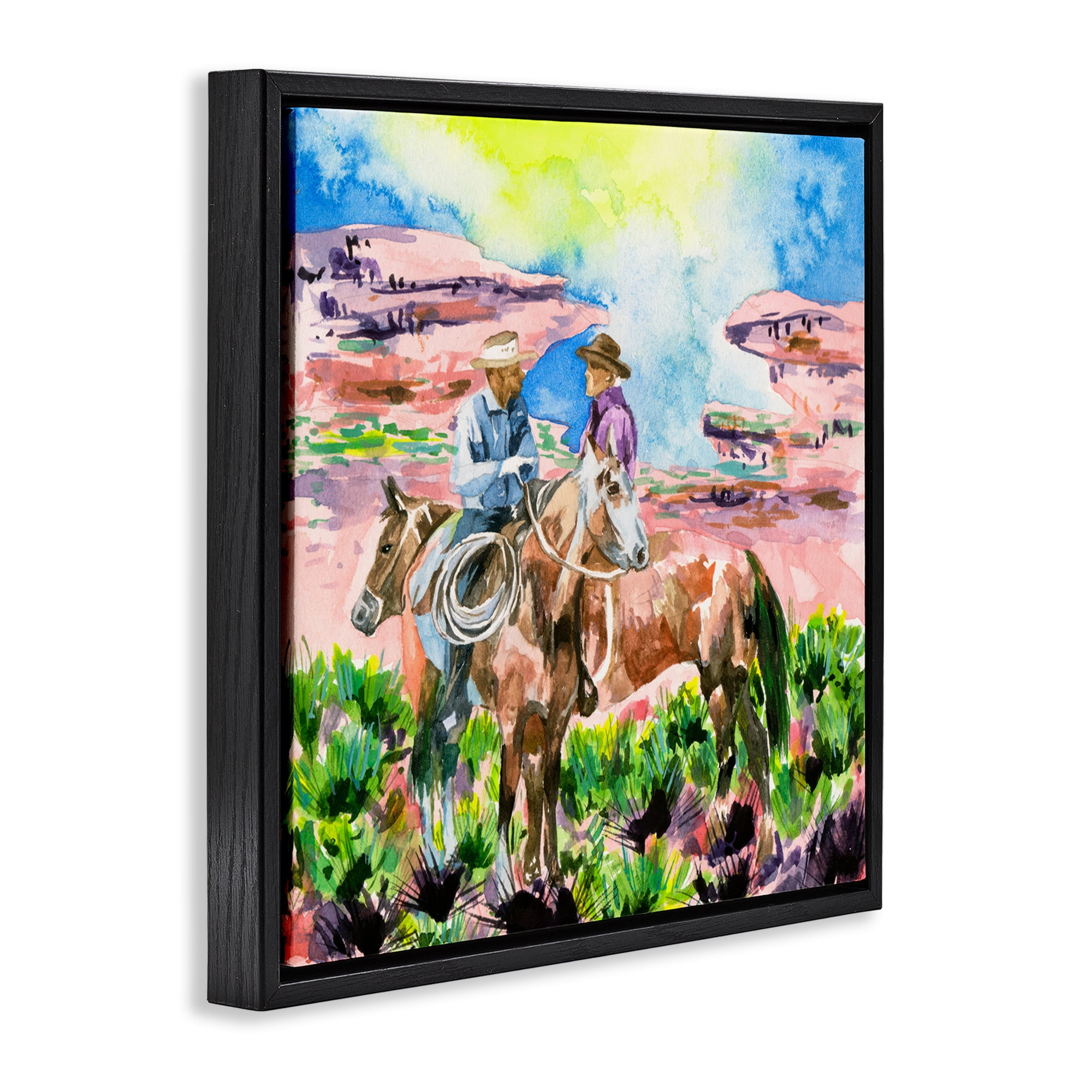 Stupell Industries Cowboy Duo in Canyon Animals Painting Black Floater Framed Canvas Art Print Wall Art, 18 x 18
