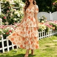 thumbnail image 4 of Women's Puff Sleeve Summer Vacation Maxi Dress, Boho Floral Print Square Neck Layered Wedding Guest Beach Dresses, 4 of 8