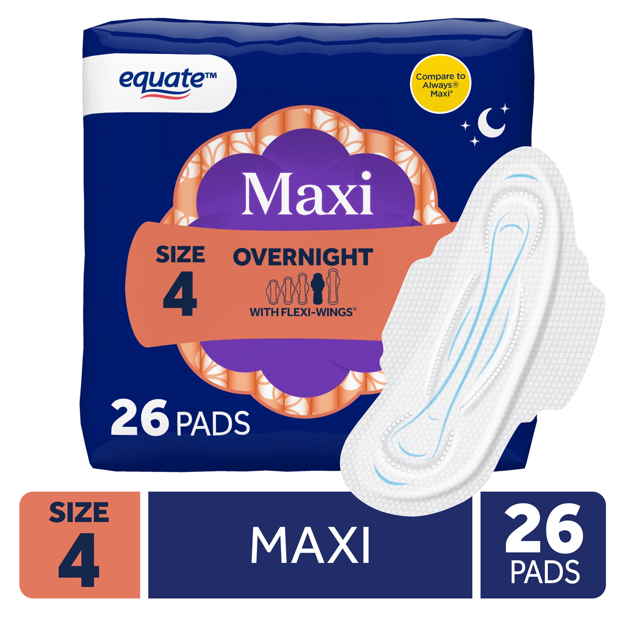 Equate Overnight Maxi Pads with Flexi-Wings, Overnight Absorbency, Size 4, 26 Count