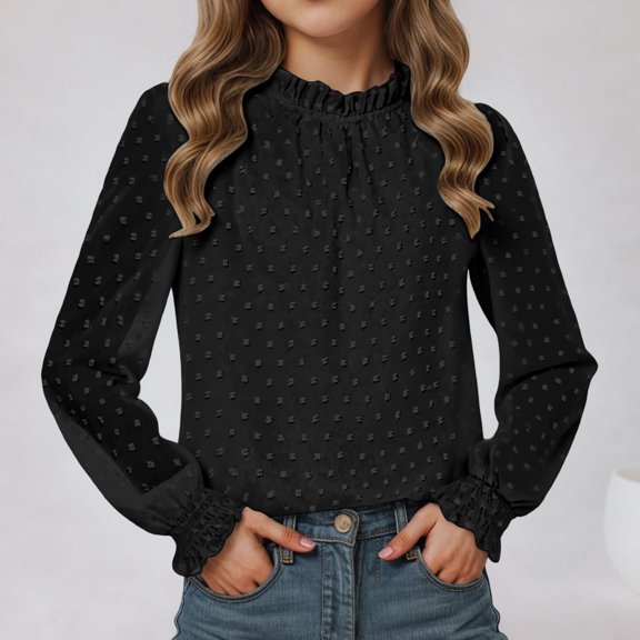 Girls T shirts Long Sleeve Mock Neck Mesh Elastic Cuffs Ruched Solid Color Tops Cute Sweet Casual Everyday Wear T-Shirts for Girls Size 6-7Y