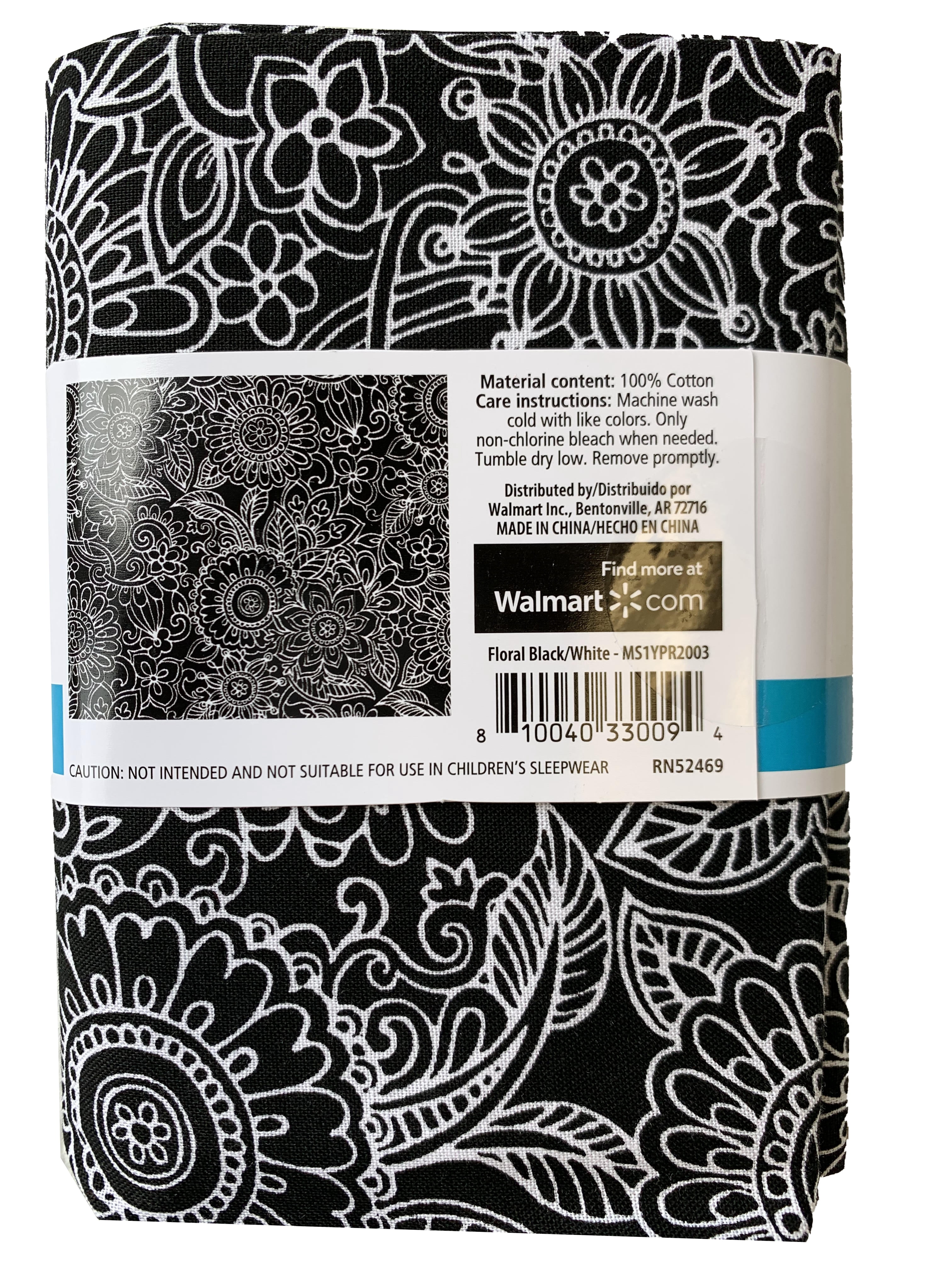 Mainstays 100% Cotton 1 Yard Precut Fabric Black and White Floral