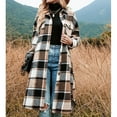thumbnail image 4 of Women Long Flannel Plaid Shirts Side Split Long Sleeve Lapel Button Down Jacket for Women Girls Khaki M, 4 of 7
