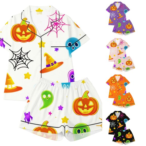 Toddler Girl'S Pajamas Cartoon Halloween Pumpkin & Star Pattern Short Sleeve Notched Collar Button Down Relaxed Fit 2Pc Summer Autumn All-Day Wear Comfort Nightwear,White,7-8 Years