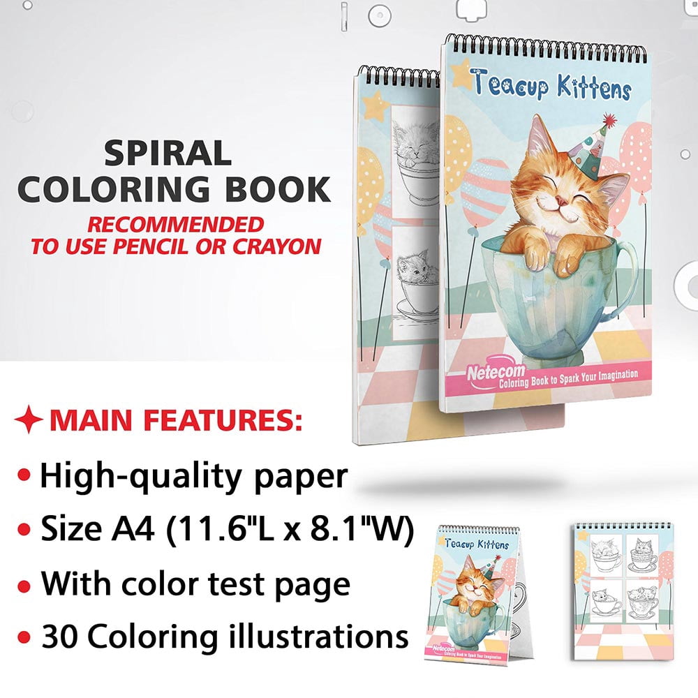 Netecom Teacup Kittens Coloring Book for Adults, Spiral Bound, Soft Cover