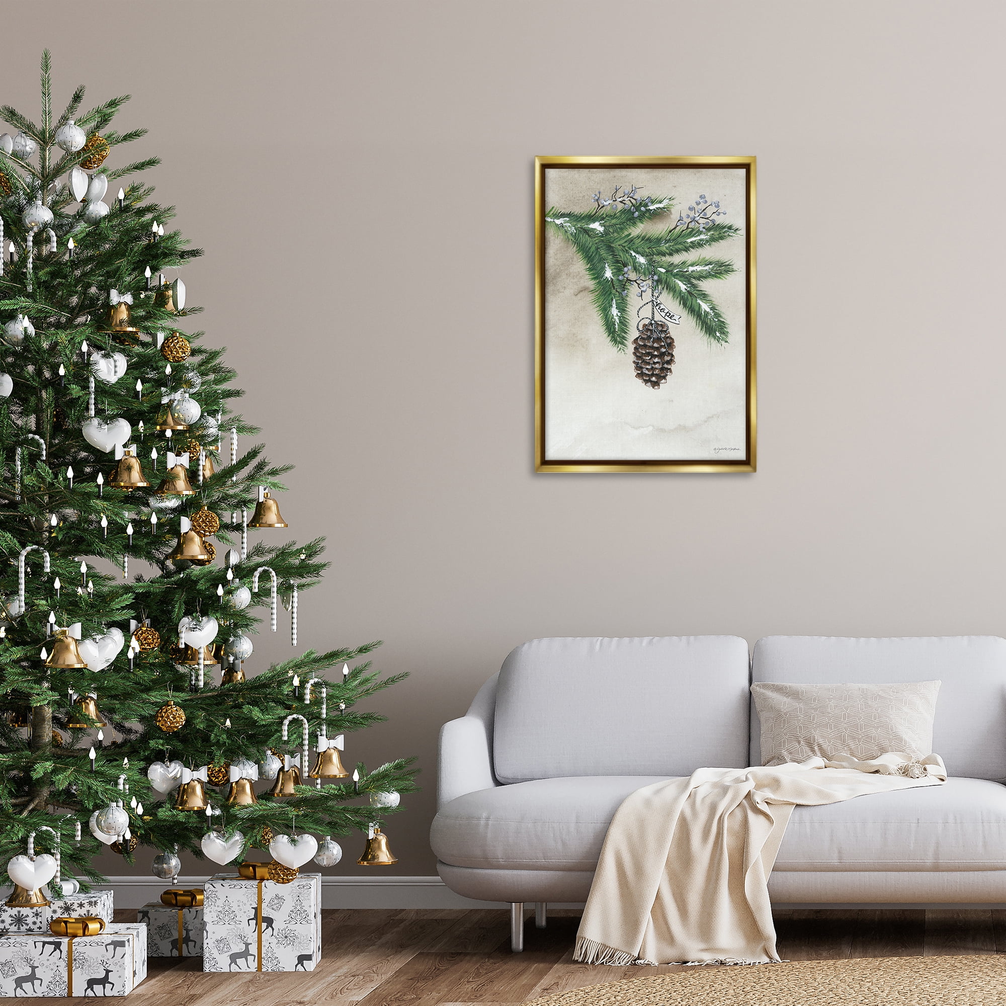 Stupell Industries Dangling Rustic Pine Cone Botanical & Floral Painting Gold Floater Framed Art Print Wall Art, 21 x 31