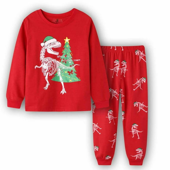 Ydojg Christmas Toddler Boys Girls Outfits Size 6-7 Years Crew Neck Long Sleeve Outfits Set Dinosaur Print Cute Holiday Xmas Jammies Tops With Pants Fall Winter Christmas 2Pcs Clothing Set Red
