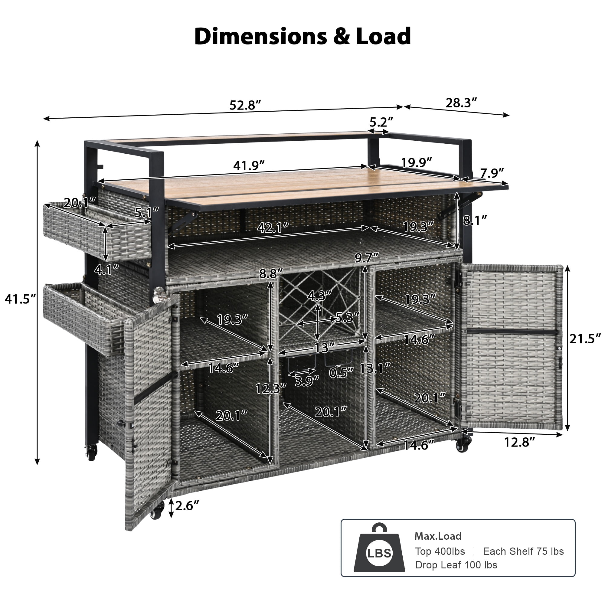 Outdoor Grill Cart 52.8 Inch W, Wicker Structure with Extended Plastic Wood Table Top for Patio Backyard, Grey