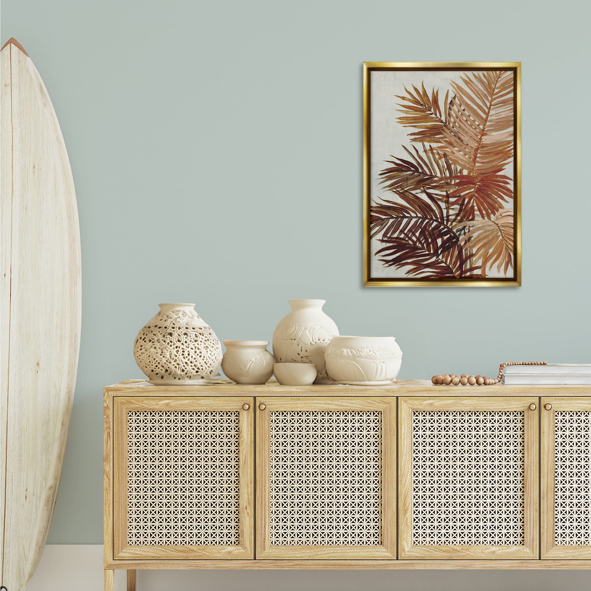 Stupell Industries Natural Palm Leaves Plants & Flowers Painting Gold Floater Framed Canvas Art Print Wall Art, 21 x 31